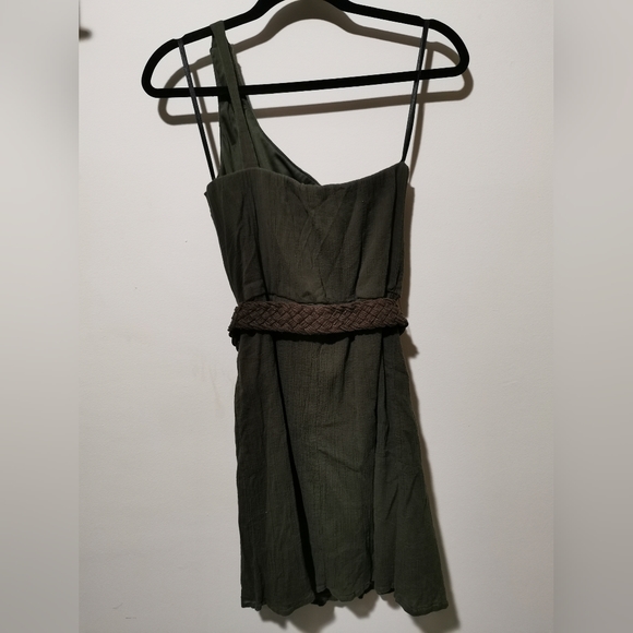 City Triangles Army Green Crepe One Shoulder Embroidered Mini Dress - Picture 2 of 10
